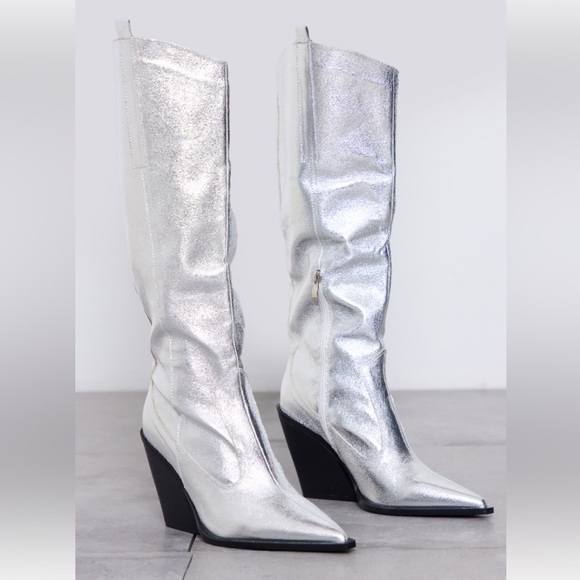 Silver Metallic Western Pointed Wedge Heeled Knee Boots - Picture 3 of 7